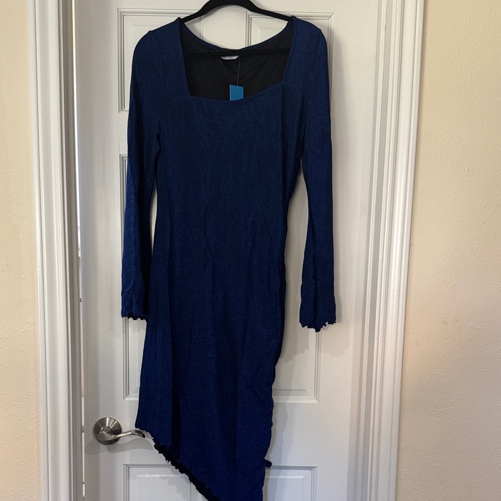 Cupshe Navy Blue Long Sleeve Square Neck Asymmetric Hem Dress